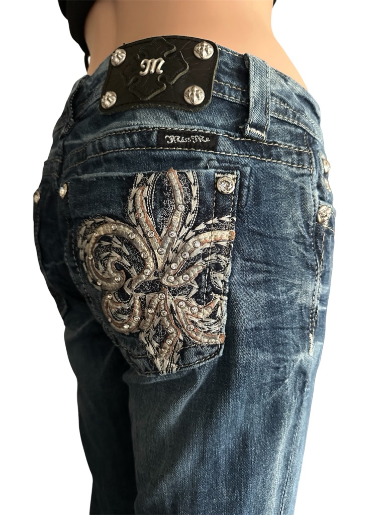 Miss Me Bootcut Jeans Women’s Dark Wash Fleur De Lis Rhinestone Y2k, Size 29